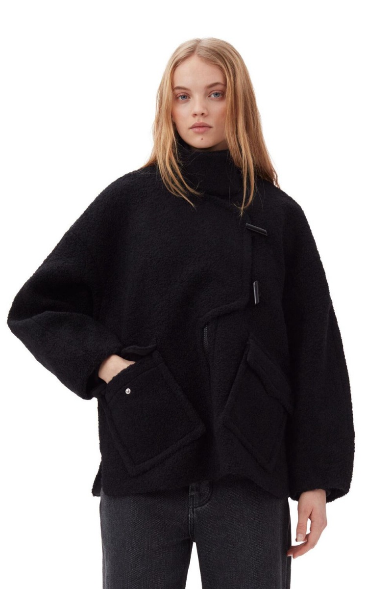 Black Women\'s Ganni Boucle Wool Shoulder Jacket | 61VDBIEZS