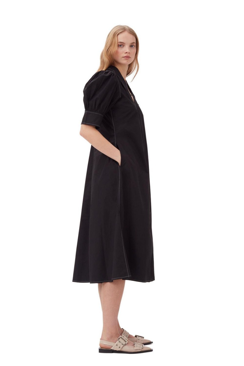 Black Women's Ganni Cotton Poplin Collar Midi Dress | 91RKUVIFX