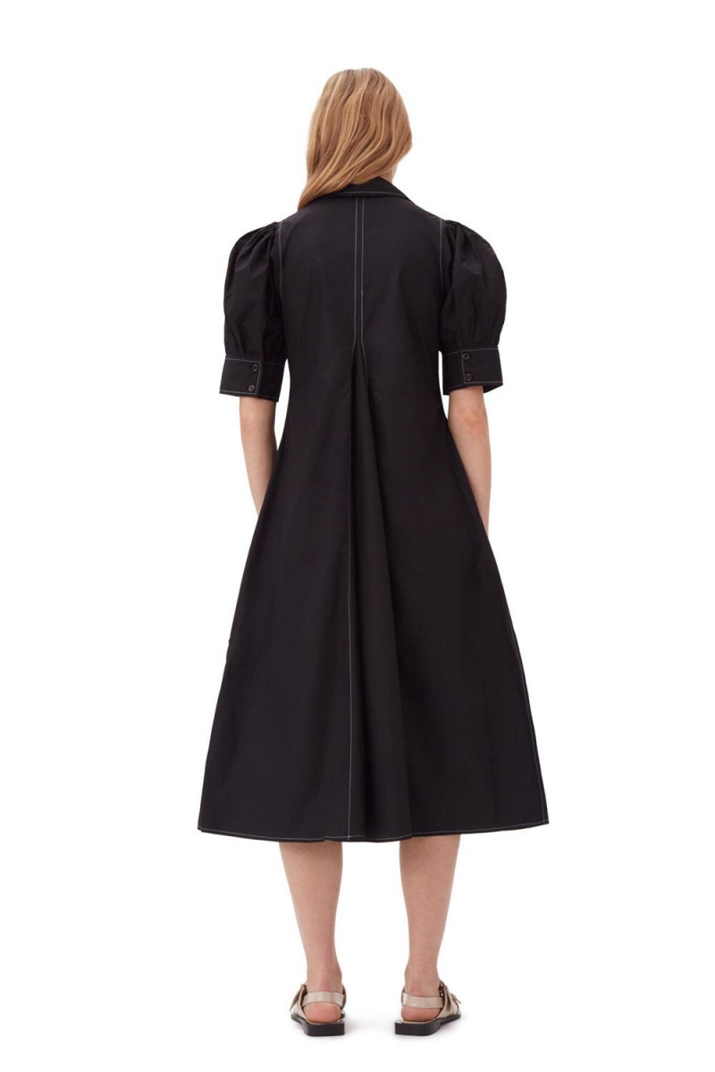 Black Women's Ganni Cotton Poplin Collar Midi Dress | 91RKUVIFX