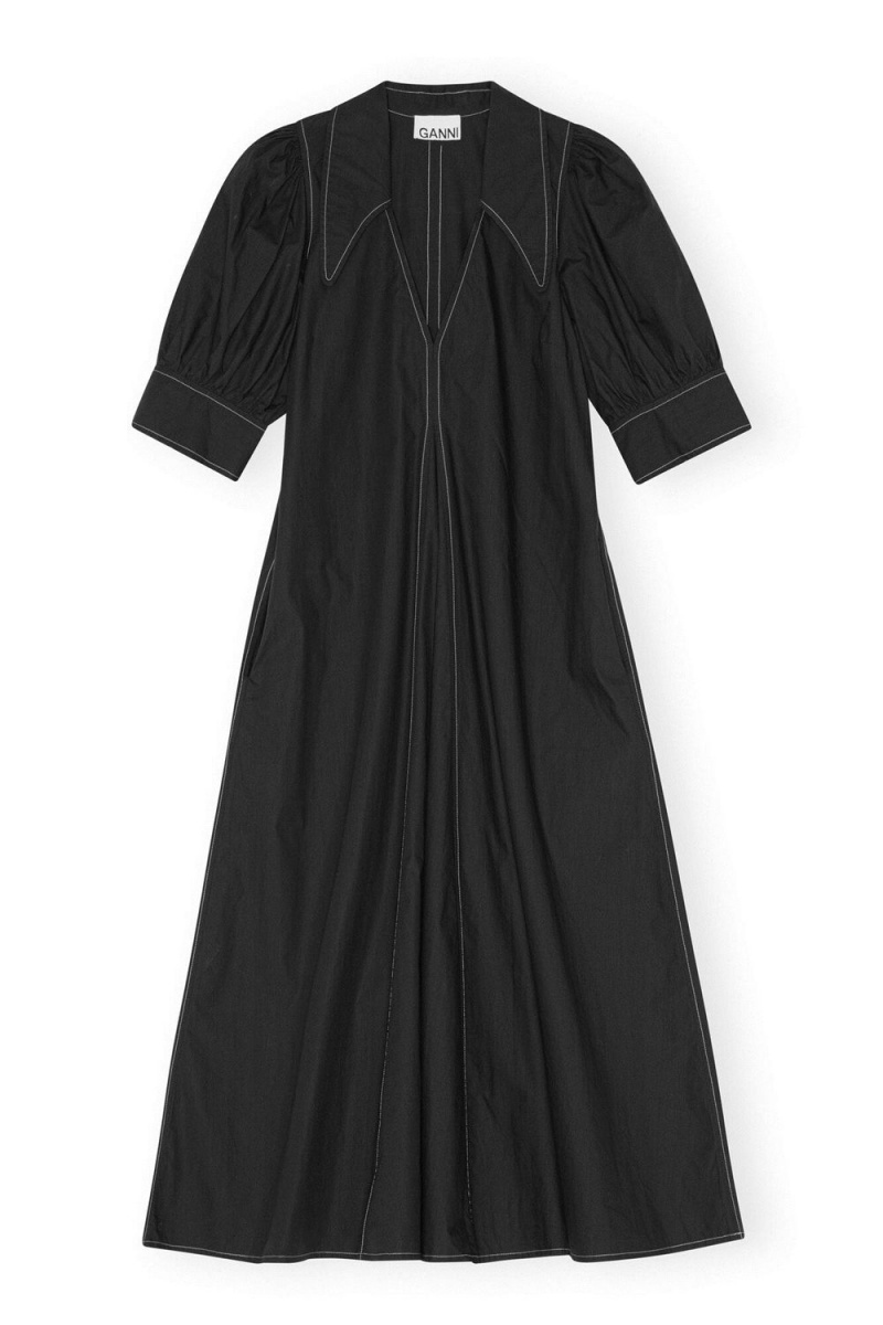 Black Women's Ganni Cotton Poplin Collar Midi Dress | 91RKUVIFX