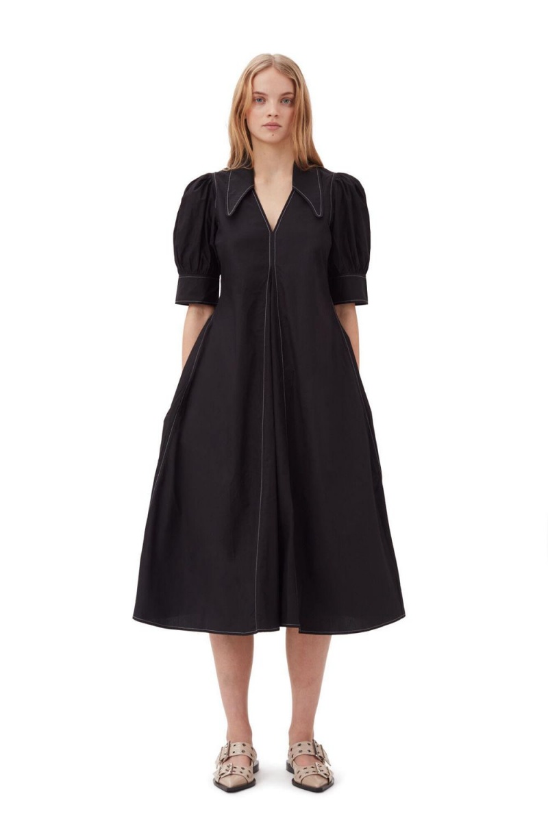 Black Women\'s Ganni Cotton Poplin Collar Midi Dress | 91RKUVIFX