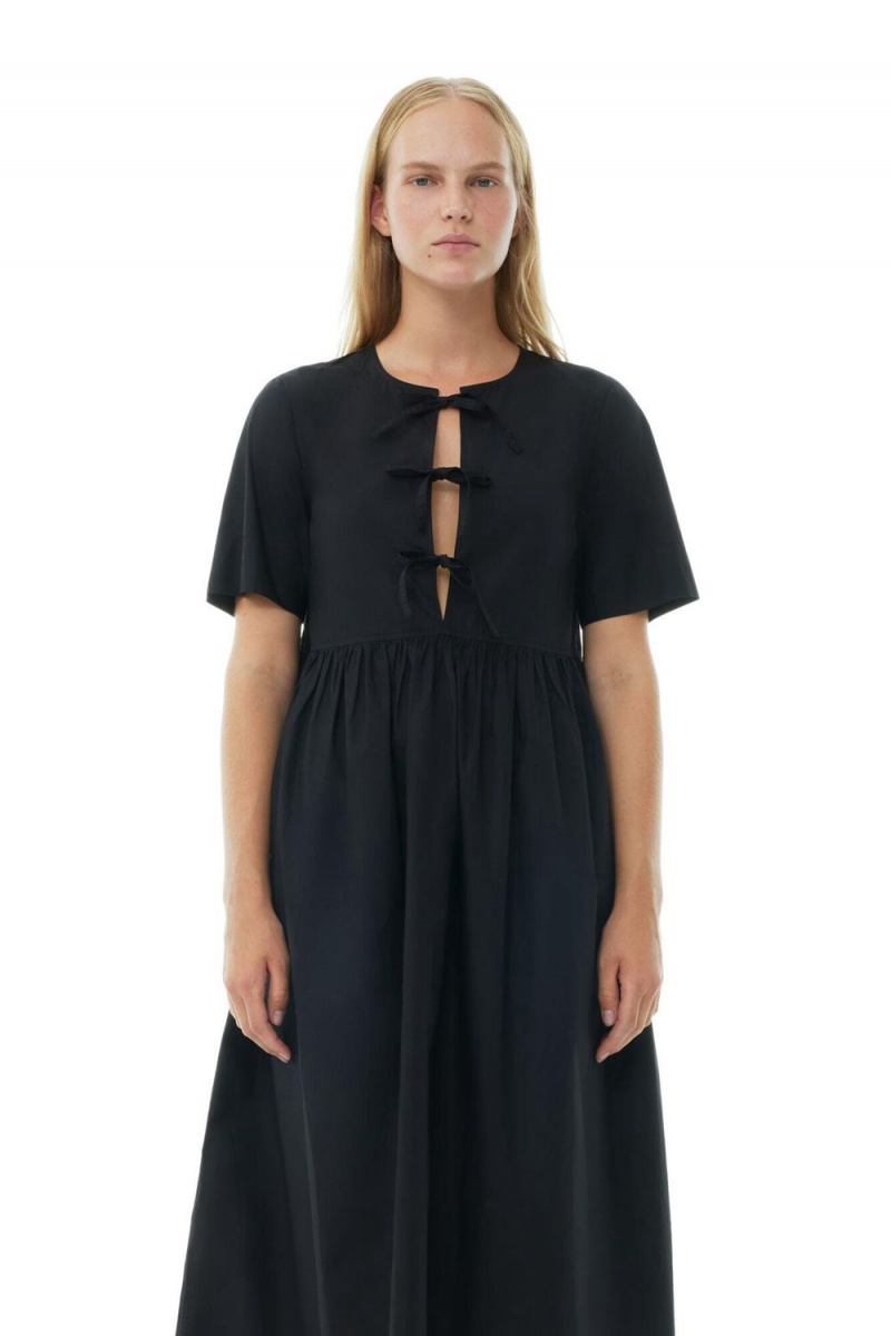 Black Women's Ganni Cotton Poplin Long Tie String Dress | 60KCERGTN