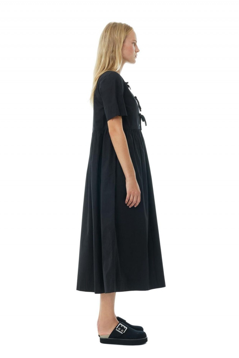 Black Women's Ganni Cotton Poplin Long Tie String Dress | 60KCERGTN