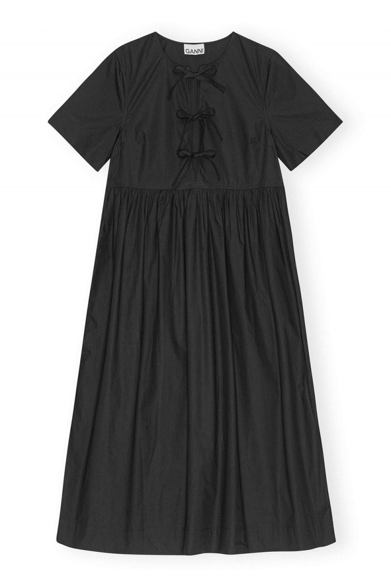 Black Women's Ganni Cotton Poplin Long Tie String Dress | 60KCERGTN