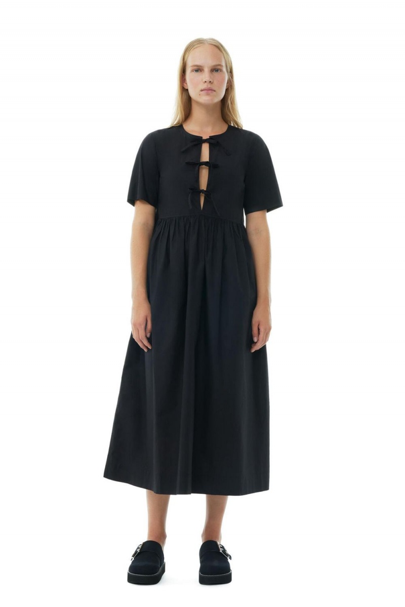 Black Women\'s Ganni Cotton Poplin Long Tie String Dress | 60KCERGTN