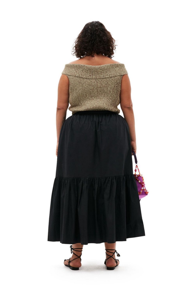 Black Women's Ganni Cotton Poplin Maxi Flounce Skirt | 16UCHIQBF