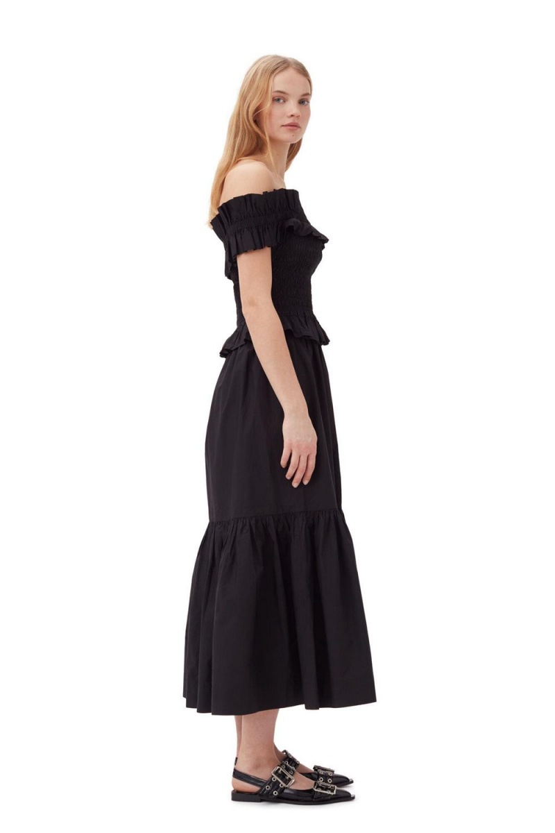 Black Women's Ganni Cotton Poplin Maxi Flounce Skirt | 16UCHIQBF