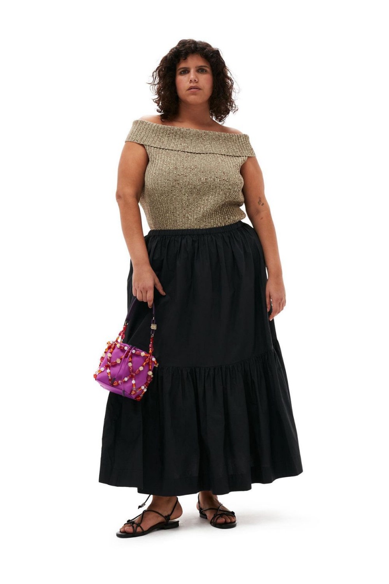 Black Women\'s Ganni Cotton Poplin Maxi Flounce Skirt | 16UCHIQBF