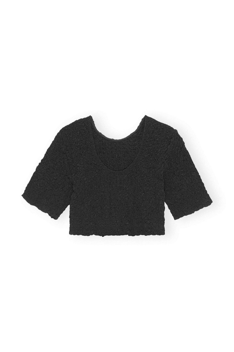 Black Women's Ganni Cotton Poplin O-neck Cropped Smock Top | 84FVKCZEY