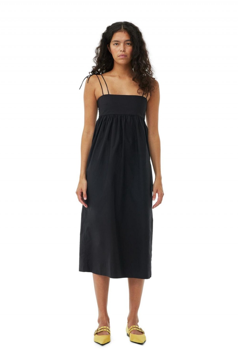 Black Women\'s Ganni Cotton Poplin String Midi Dress | 10SWDHCIO