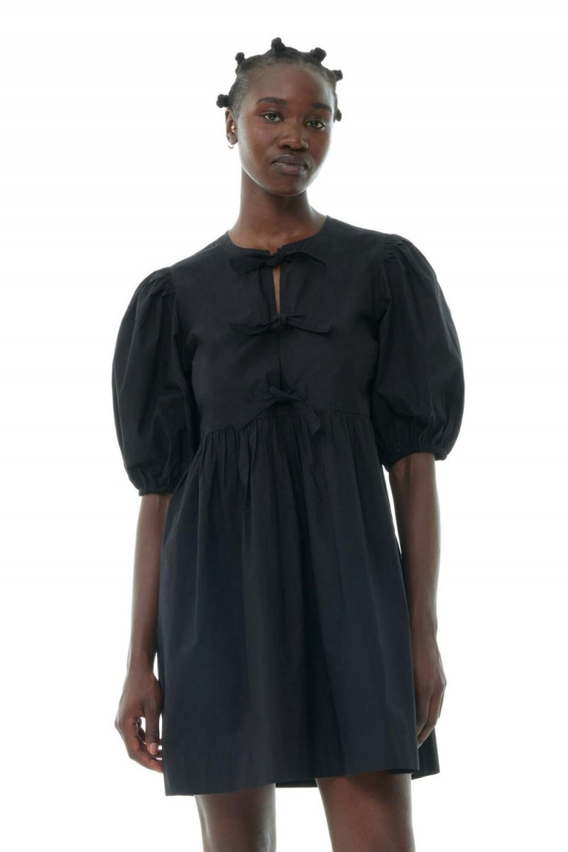 Black Women's Ganni Cotton Poplin Tie String Mini Dress | 85FIKPRDV