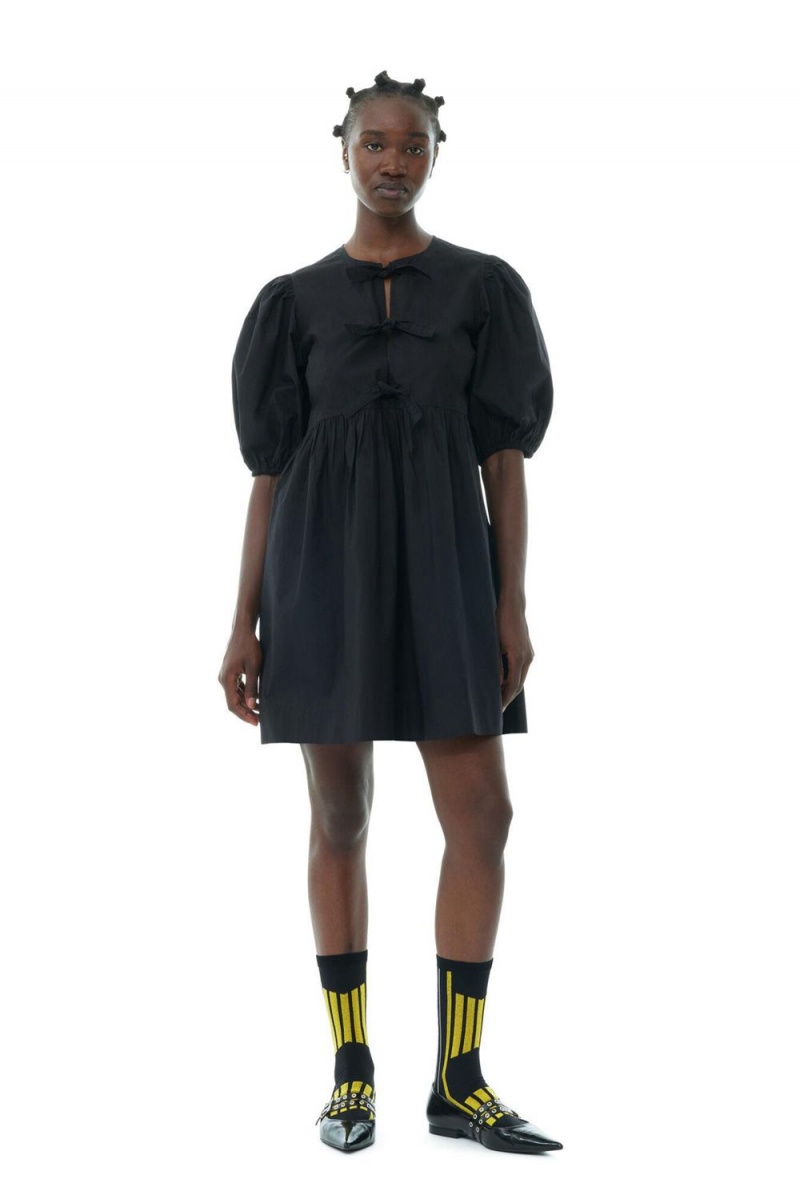 Black Women\'s Ganni Cotton Poplin Tie String Mini Dress | 85FIKPRDV