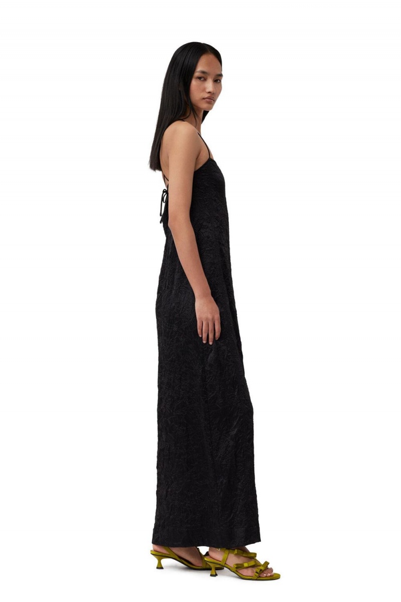 Black Women's Ganni Crinkled Satin Midi Slip Dress | 05BRPAKMW