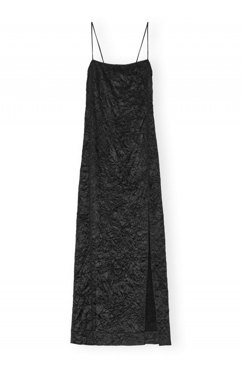 Black Women's Ganni Crinkled Satin Midi Slip Dress | 05BRPAKMW