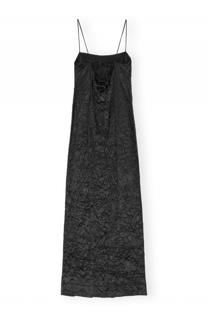 Black Women's Ganni Crinkled Satin Midi Slip Dress | 05BRPAKMW