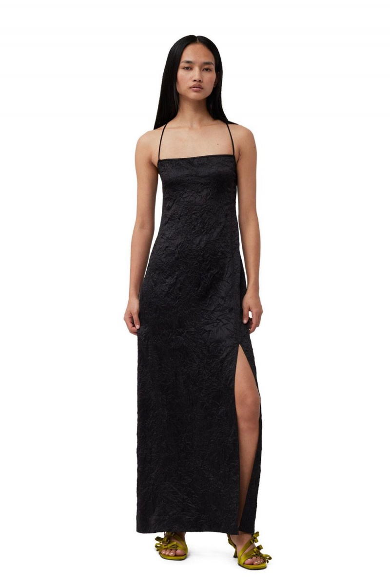 Black Women\'s Ganni Crinkled Satin Midi Slip Dress | 05BRPAKMW