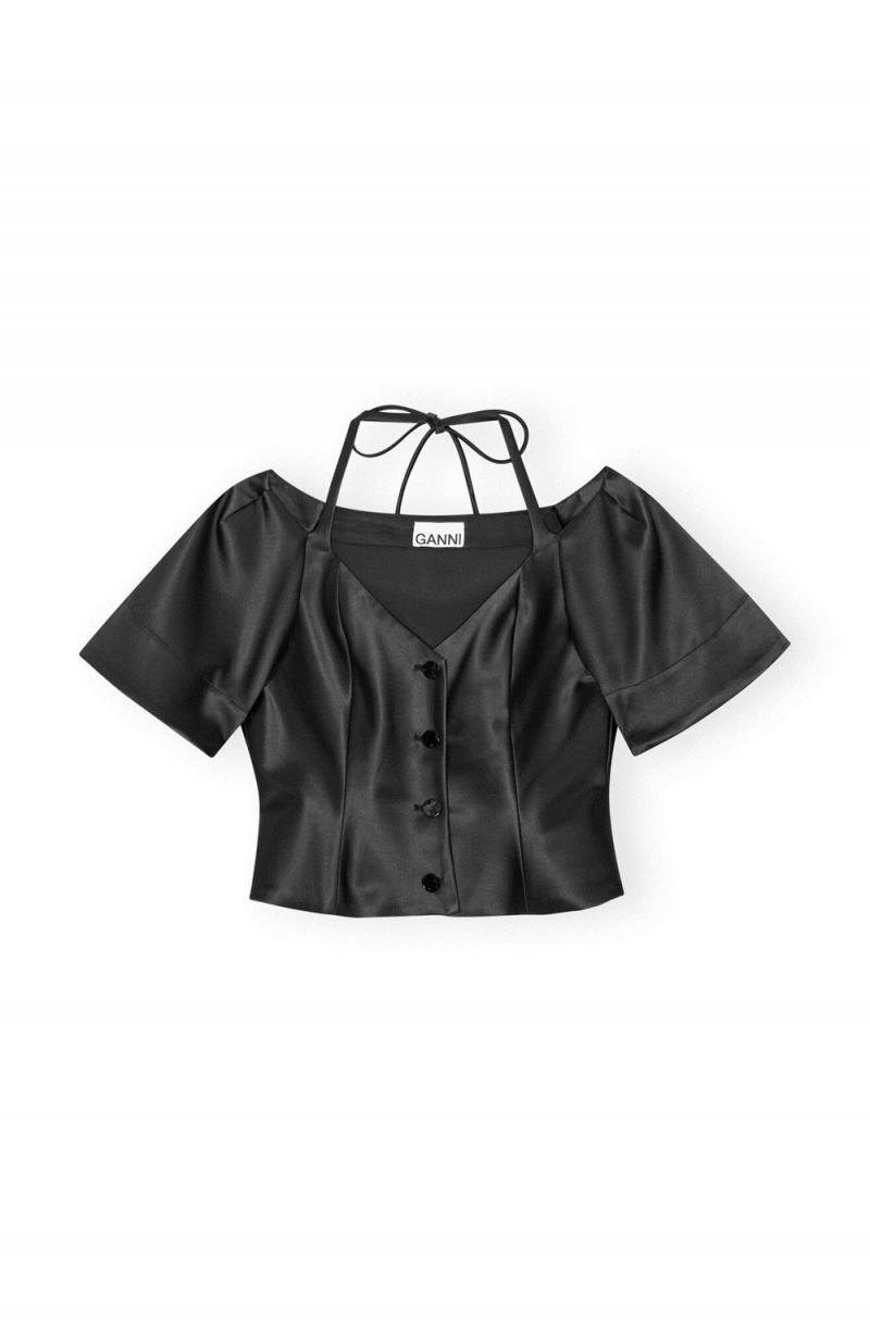 Black Women's Ganni Double Satin Fitted Open-neck Blouse | 96PVWONXM