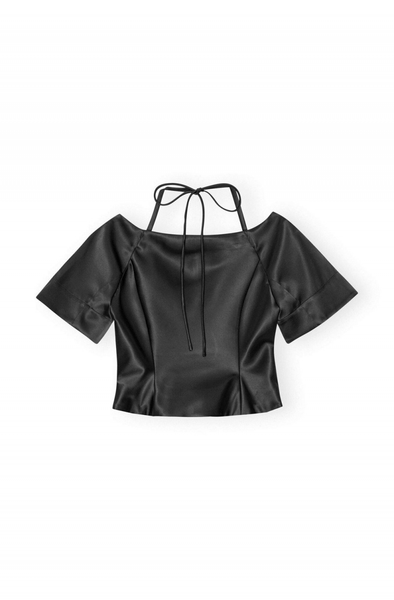 Black Women's Ganni Double Satin Fitted Open-neck Blouse | 96PVWONXM