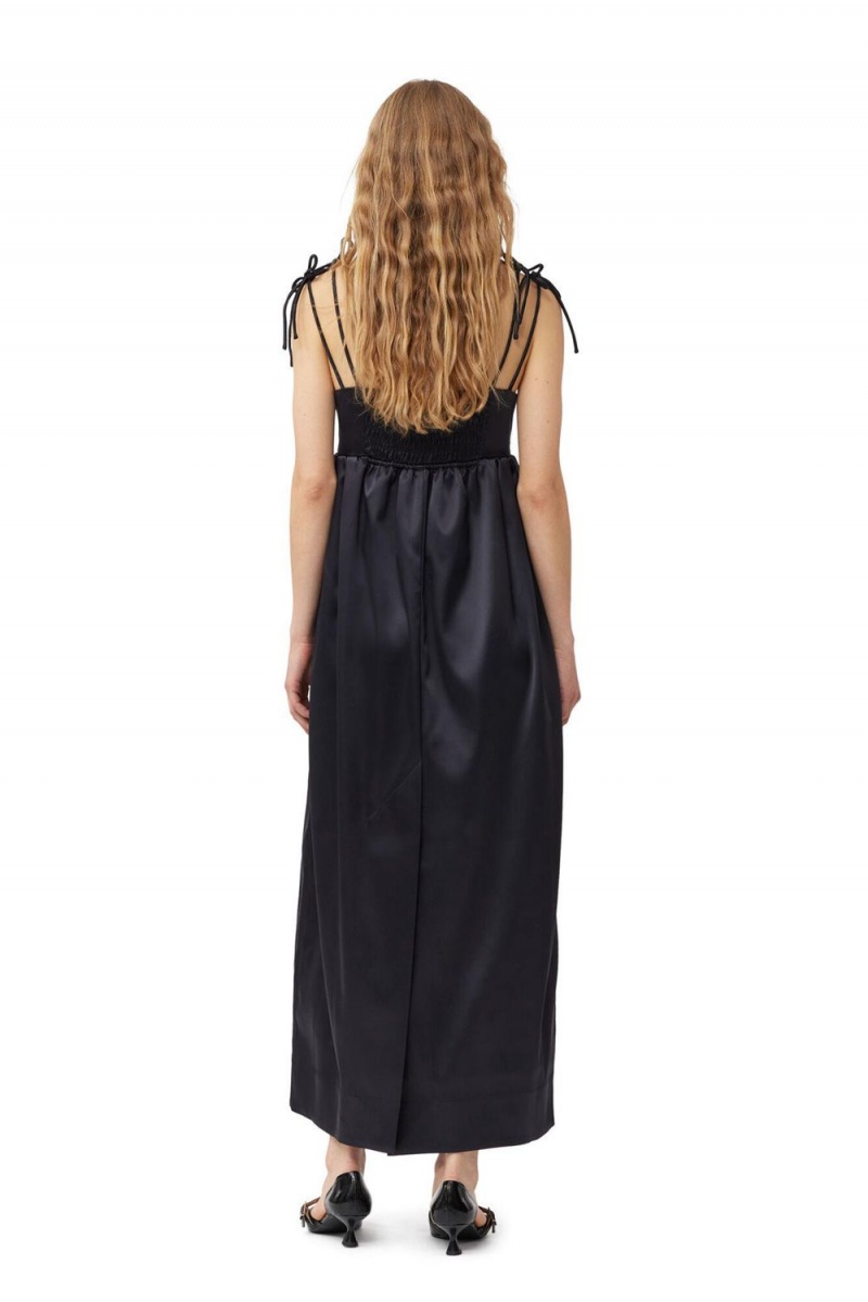 Black Women's Ganni Double Satin String Long Dress | 63DPZYWXL