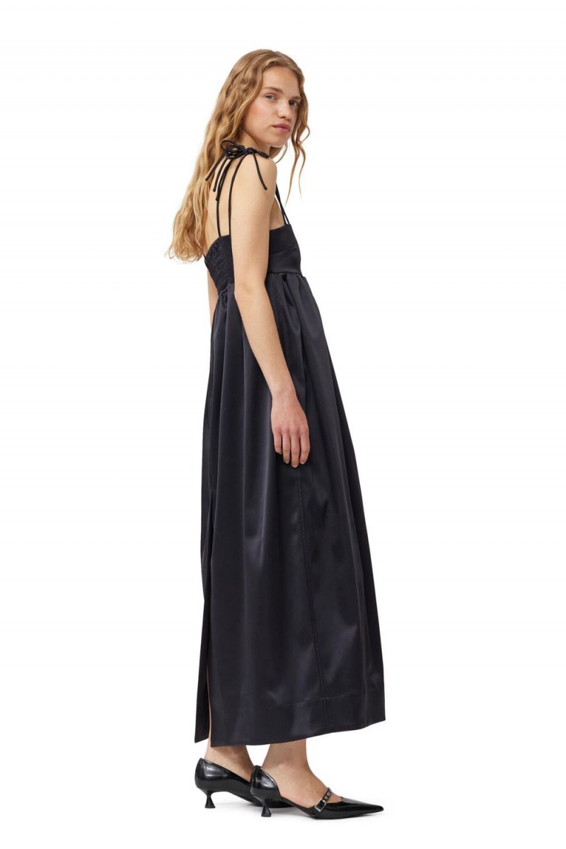 Black Women's Ganni Double Satin String Long Dress | 63DPZYWXL