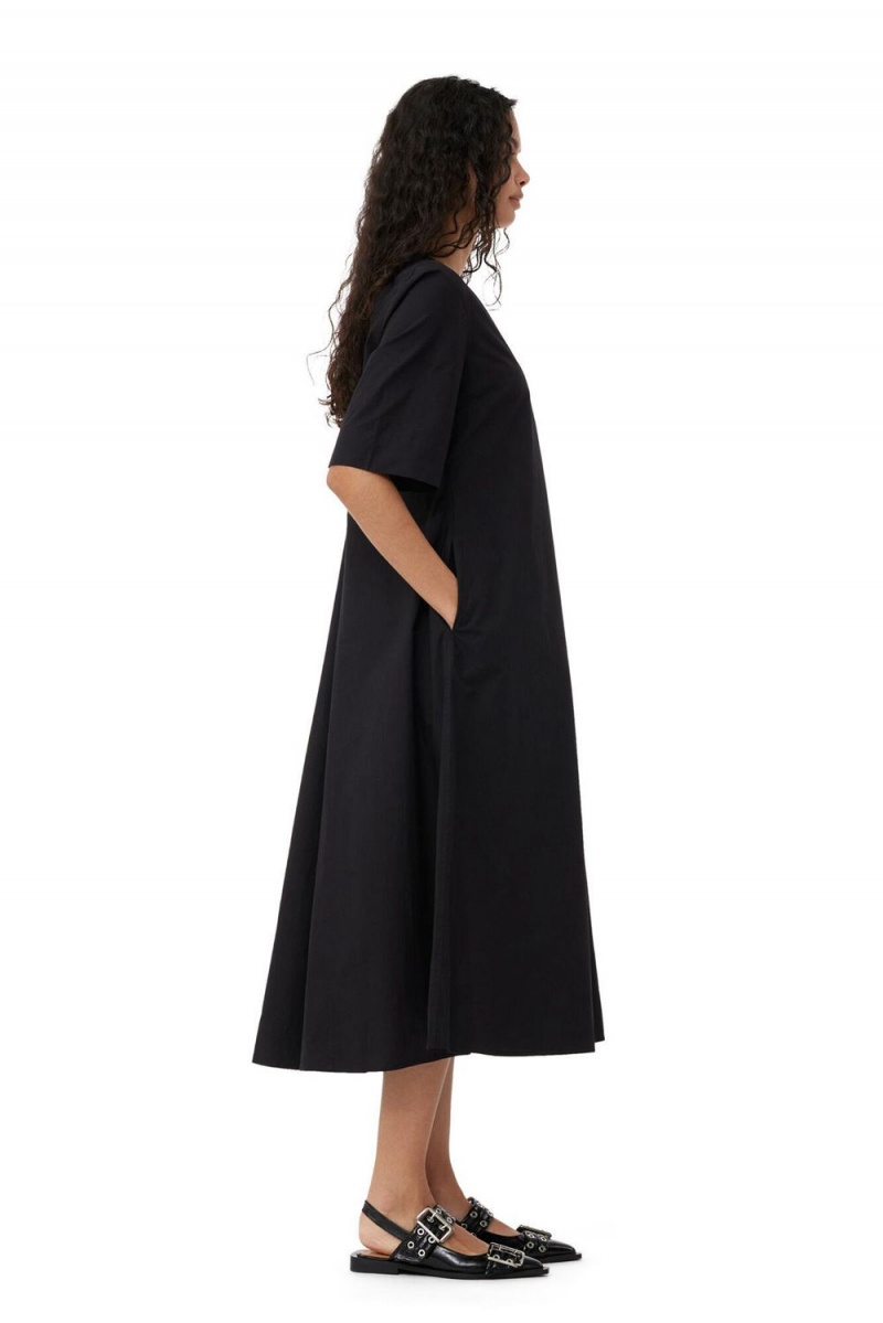 Black Women's Ganni Exclusive Black Cotton Poplin Maxi Dress | 89TWSQPNL