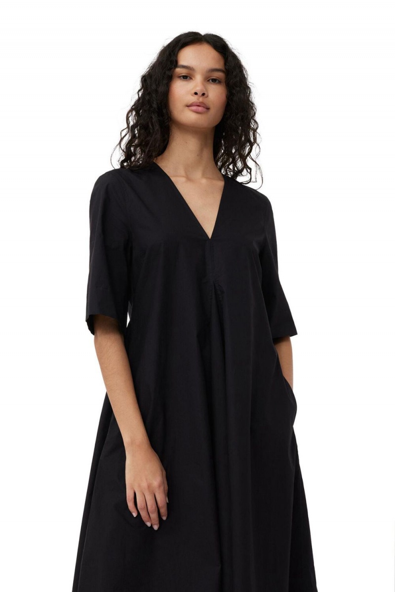 Black Women's Ganni Exclusive Black Cotton Poplin Maxi Dress | 89TWSQPNL