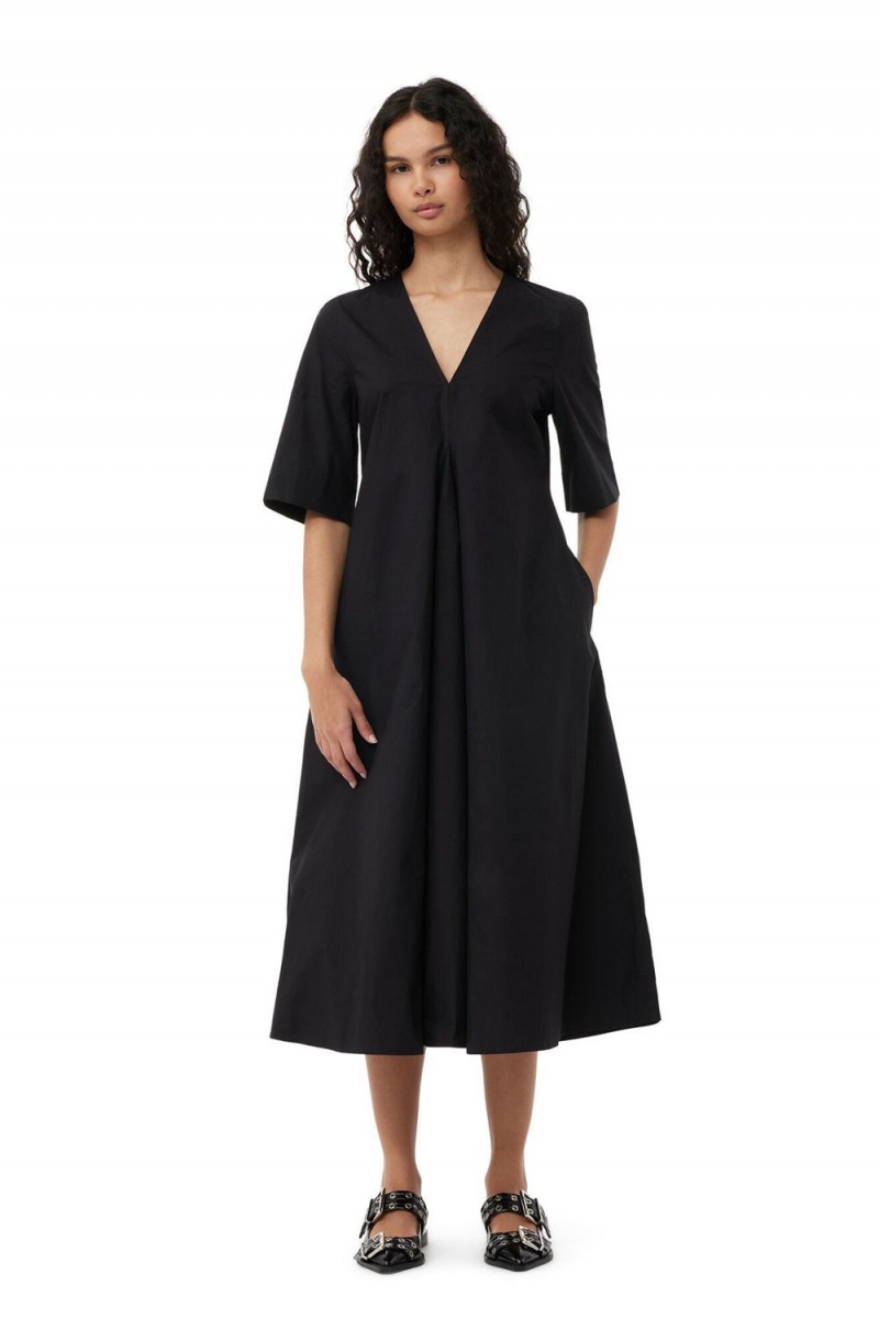 Black Women\'s Ganni Exclusive Black Cotton Poplin Maxi Dress | 89TWSQPNL