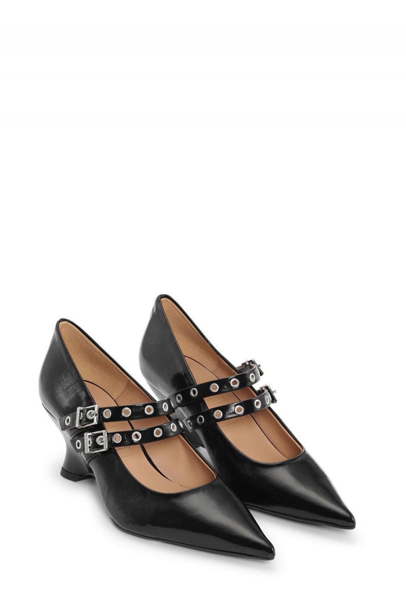 Black Women's Ganni Eyelets Low Wedge Pumps | 74OMCIBEQ