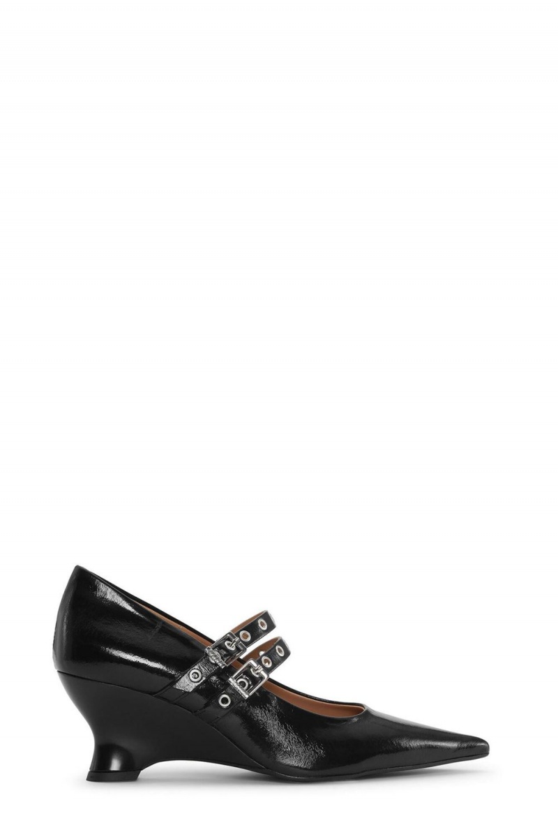 Black Women\'s Ganni Eyelets Low Wedge Pumps | 74OMCIBEQ