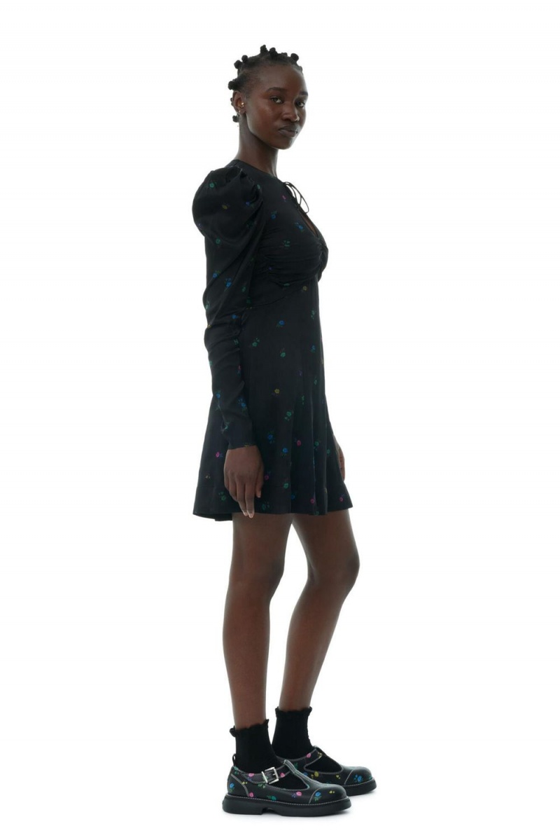 Black Women's Ganni Floral Printed Satin Long Sleeve Mini Dress | 35NDGFMTR