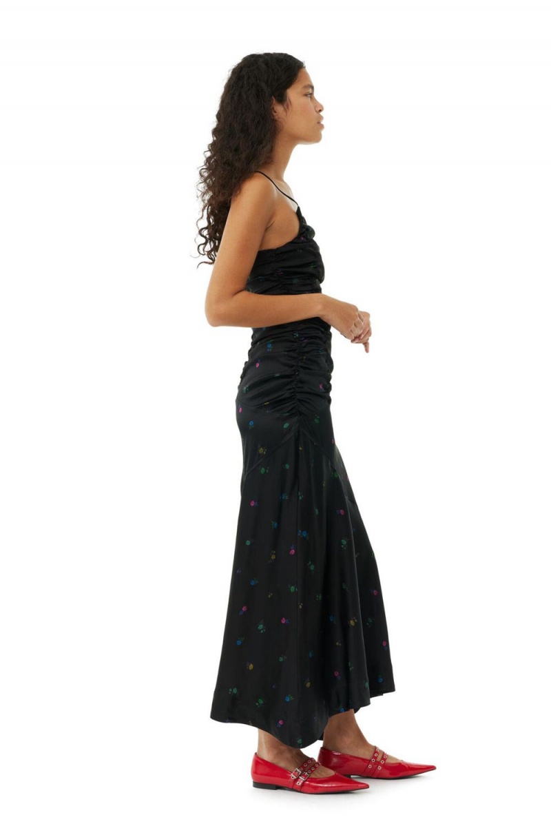 Black Women's Ganni Floral Satin Ruched Long Slip Dress | 35FPIDTAG