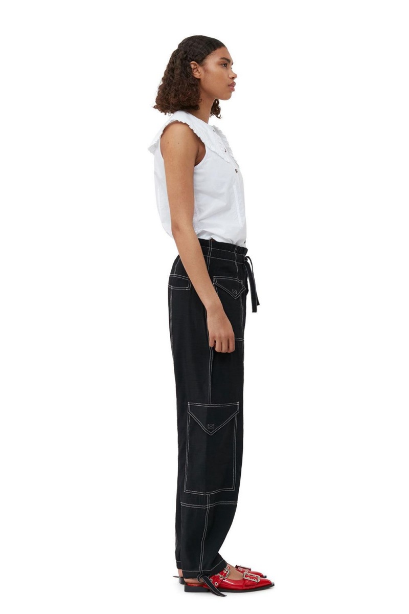 Black Women's Ganni Light Slub Pocket Pants | 56UDFKZQJ