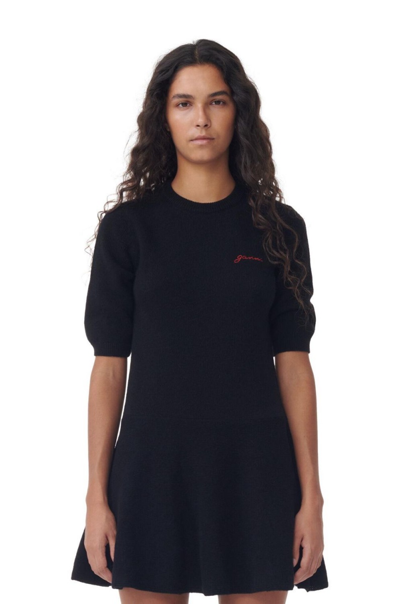 Black Women's Ganni Logo Wool Mix Mini Dress | 68VRTOGXA