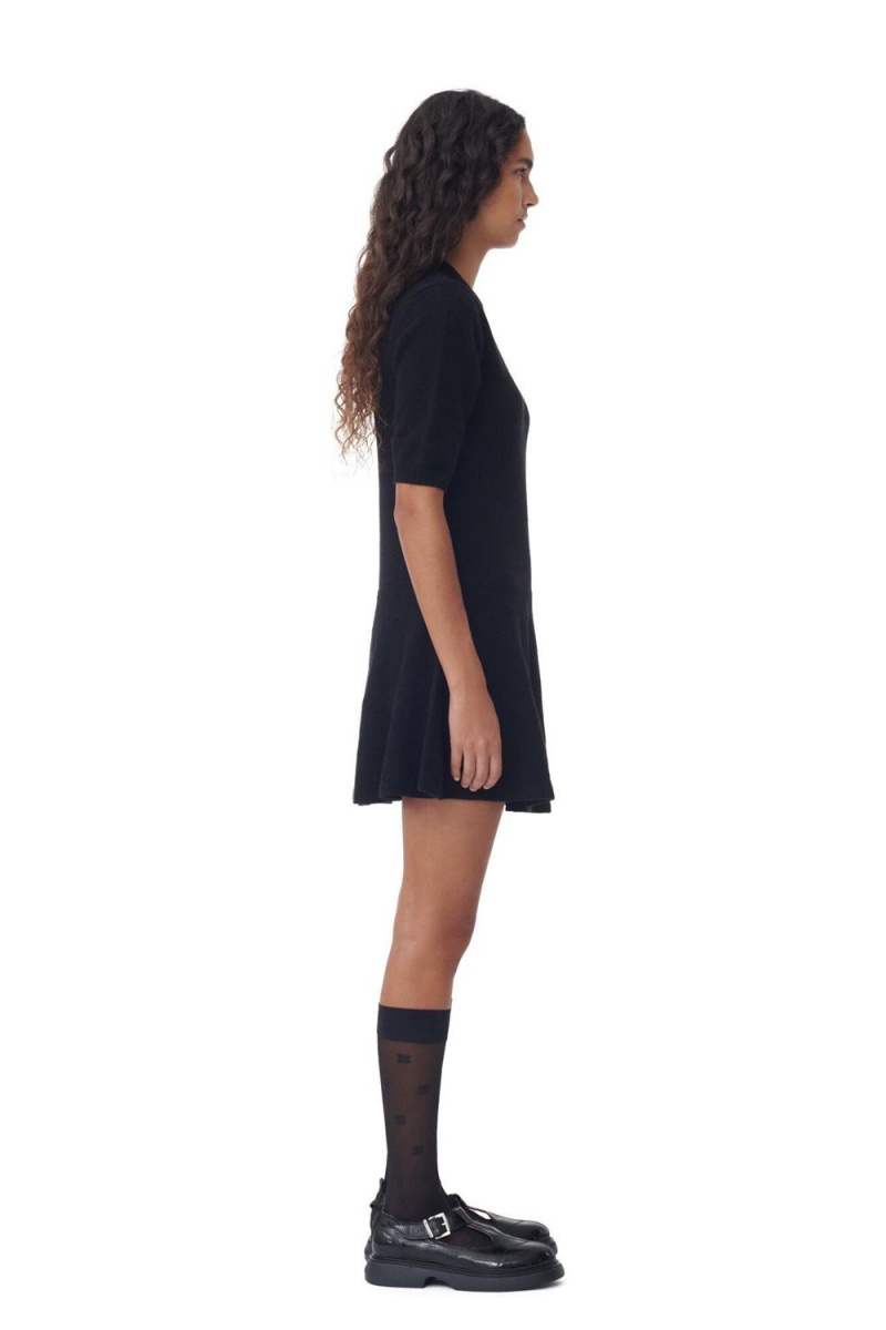 Black Women's Ganni Logo Wool Mix Mini Dress | 68VRTOGXA