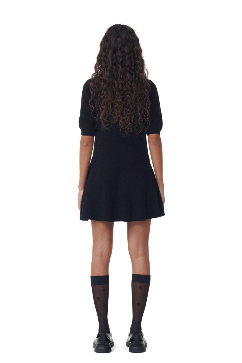 Black Women's Ganni Logo Wool Mix Mini Dress | 68VRTOGXA