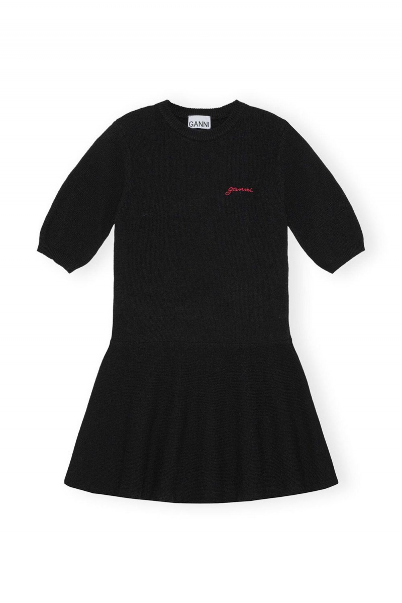 Black Women's Ganni Logo Wool Mix Mini Dress | 68VRTOGXA