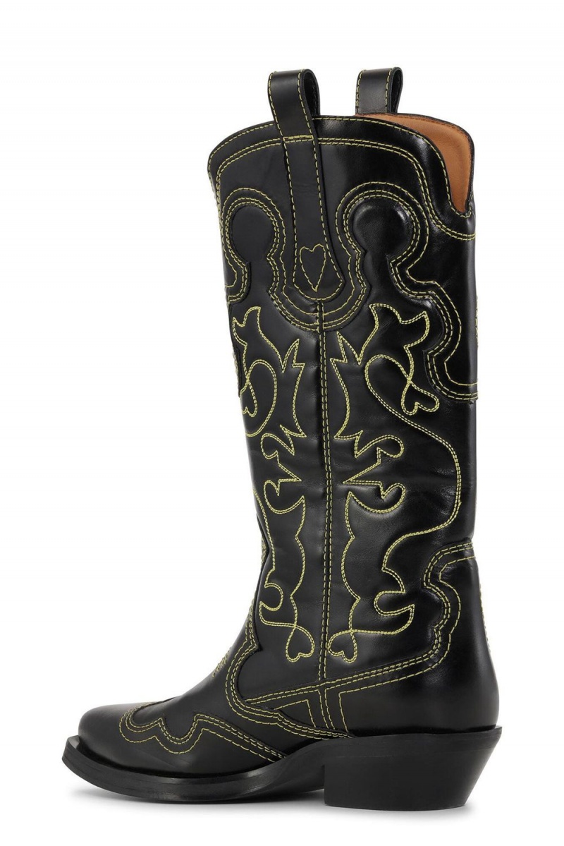 Black Women's Ganni Mid Shaft Embroidered Western Boots | 13ZSIPFVY