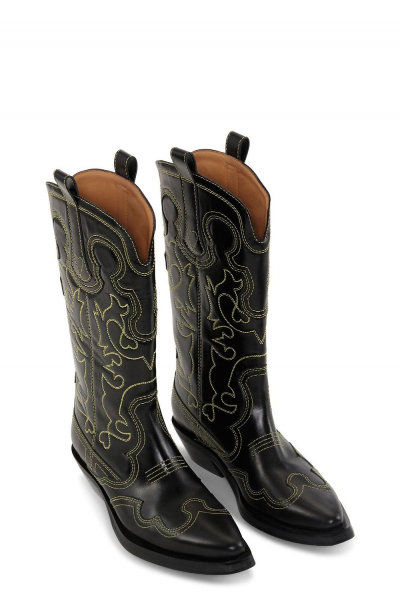 Black Women's Ganni Mid Shaft Embroidered Western Boots | 13ZSIPFVY