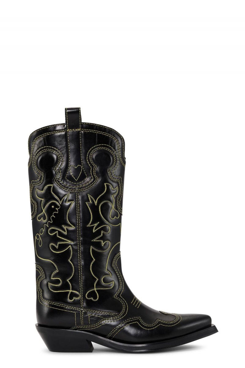 Black Women\'s Ganni Mid Shaft Embroidered Western Boots | 13ZSIPFVY