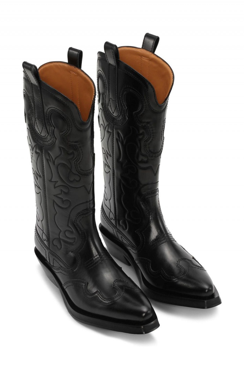 Black Women's Ganni Mid Shaft Embroidered Western Boots | 31KPHIQTA