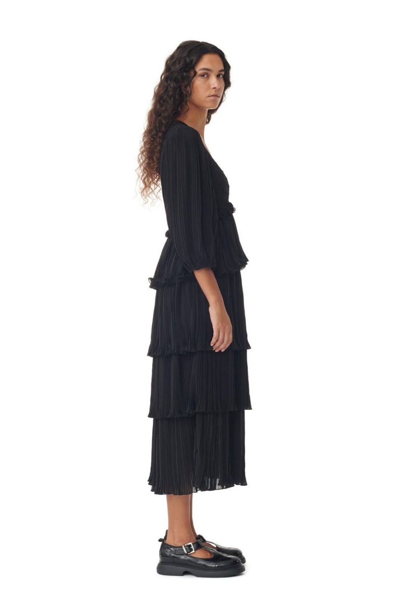 Black Women's Ganni Pleated Georgette Flounce Smock Midi Dress | 89GPFVNRL