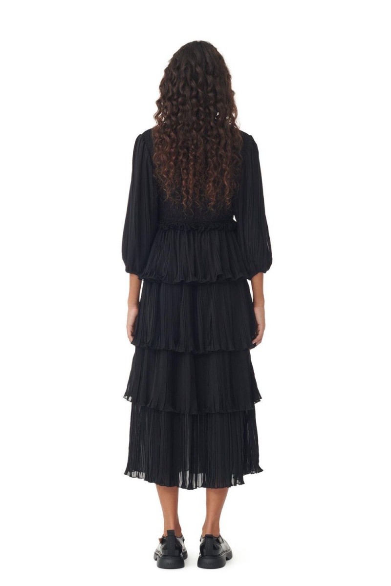 Black Women's Ganni Pleated Georgette Flounce Smock Midi Dress | 89GPFVNRL