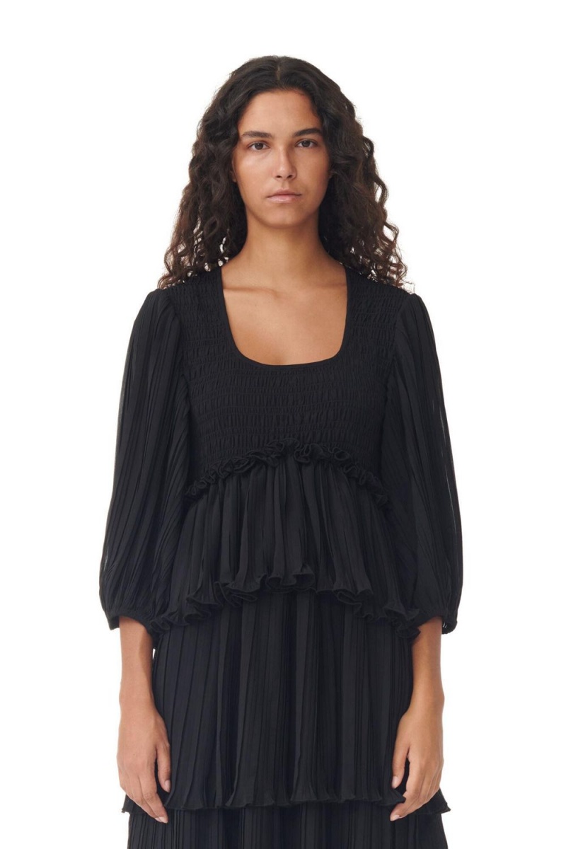 Black Women's Ganni Pleated Georgette Flounce Smock Midi Dress | 89GPFVNRL