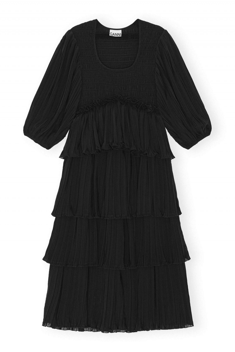 Black Women's Ganni Pleated Georgette Flounce Smock Midi Dress | 89GPFVNRL