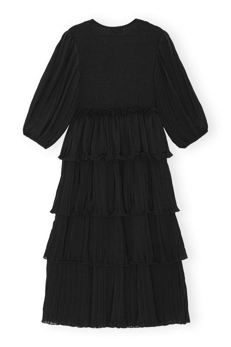 Black Women's Ganni Pleated Georgette Flounce Smock Midi Dress | 89GPFVNRL