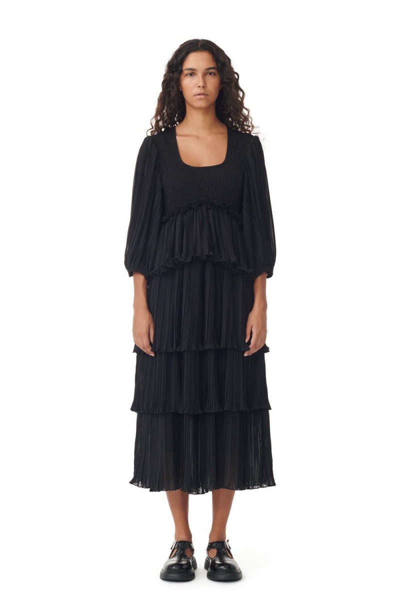 Black Women\'s Ganni Pleated Georgette Flounce Smock Midi Dress | 89GPFVNRL