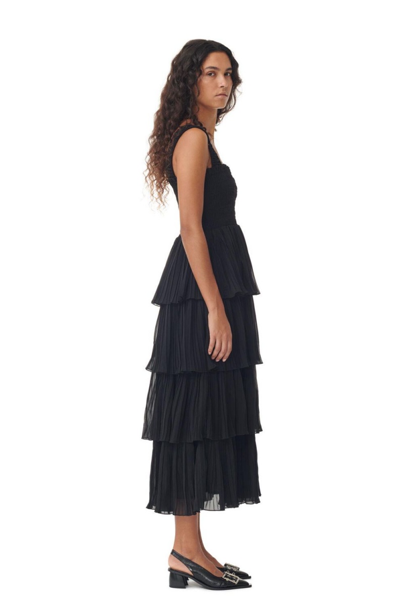 Black Women's Ganni Pleated Georgette Flounce Smock Midi Dress | 36JKHNTIM