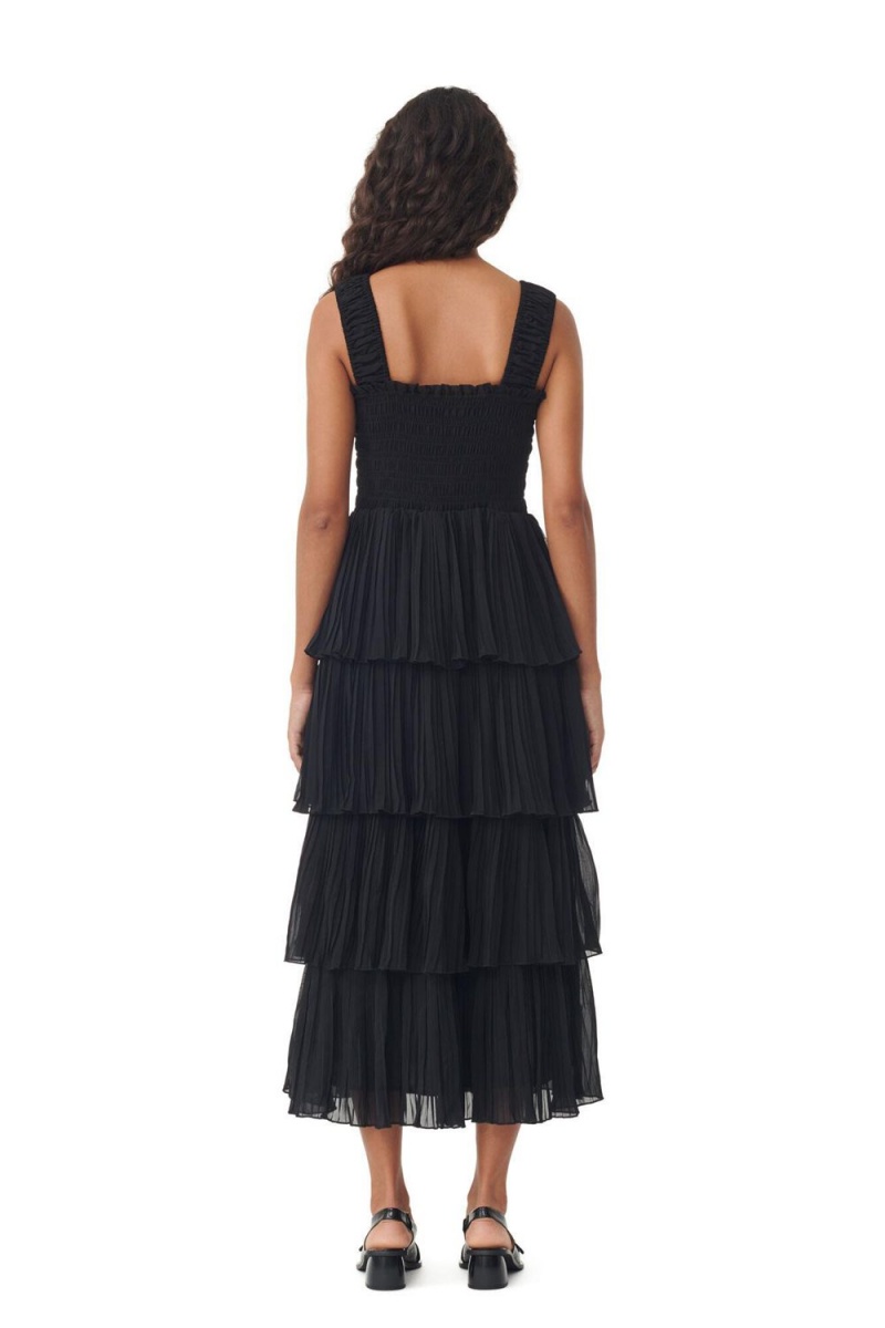 Black Women's Ganni Pleated Georgette Flounce Smock Midi Dress | 36JKHNTIM