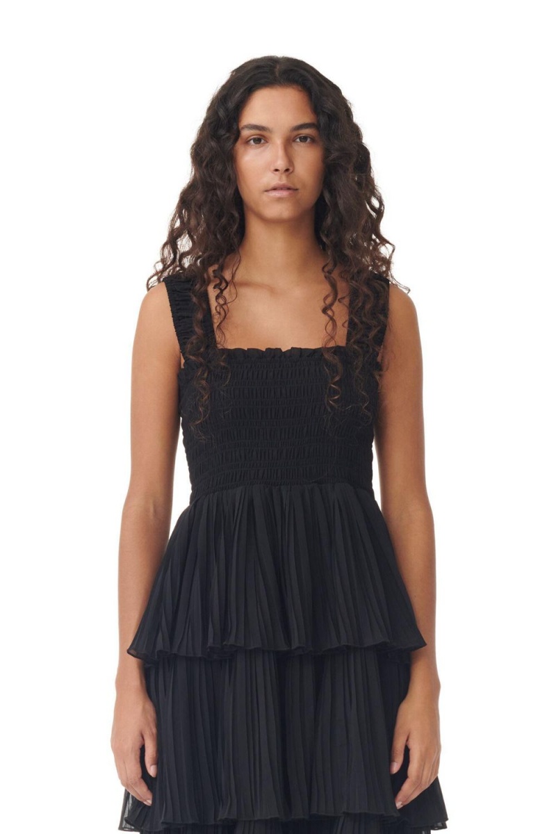 Black Women's Ganni Pleated Georgette Flounce Smock Midi Dress | 36JKHNTIM