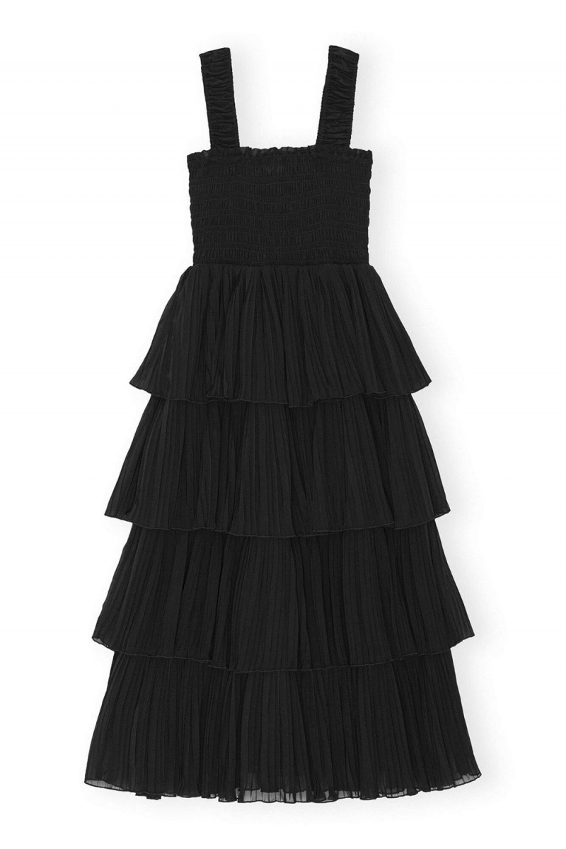 Black Women's Ganni Pleated Georgette Flounce Smock Midi Dress | 36JKHNTIM